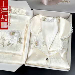 上海故事提花丝绸睡衣女款夏季薄款白色花边短袖高档空调服家居服