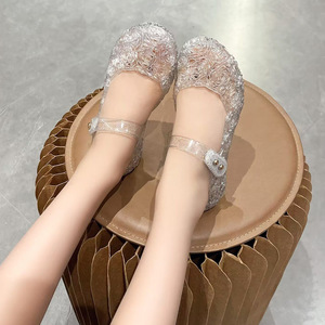 女童水晶高跟凉鞋2024夏季新款包头镂空坡跟爱莎公主鞋防水沙滩鞋