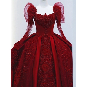 红色婚纱2024新款结婚新娘小个子重工奢华复古高级感法式主纱拖尾