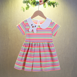 女童连衣清货裙夏季薄款小童公主裙儿童高端纯棉宝宝短袖彩虹条纹