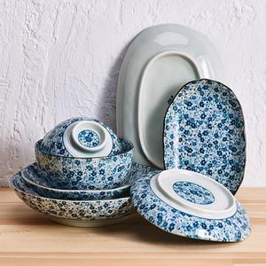 [可可屋]日本美浓烧陶瓷日式釉下蓝染小花碗碟面碗饭碗汤碗餐具