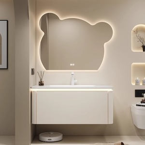 奶油风浴室柜陶瓷一体盆洗漱台卫生间洗脸盆洗手盆柜组合小熊镜子
