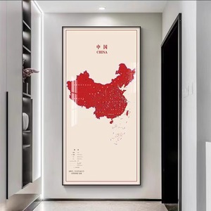 简约现代中国玄关过道走廊地图装饰画书房沙发背景墙办公室挂画