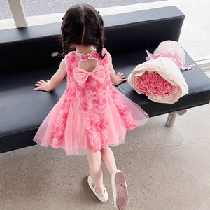 女童夏季连衣裙2024新款韩版洋气珍珠玫瑰花甜美时尚公主纱裙夏装