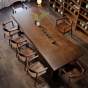 实木大板茶桌椅组合一桌六椅茶几办公室客厅家用泡茶台胡桃色茶桌