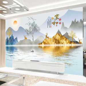 新中式山水电视背景墙壁纸水墨壁画墙布客厅影视墙壁布家和万事兴