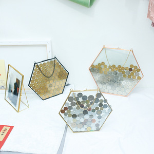 六边形硬币收藏相框玻璃透明标本夹挂墙装饰钱币收纳金属铜边画框