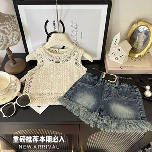 巴拉巴柆韩系女童夏季套装2024新款镂空背心吊带牛仔短裤三件套上