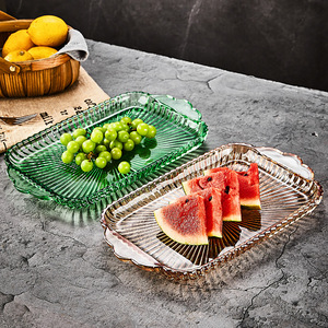 高档彩色水晶玻璃耐热创意欧式简约长方形托盘水果盘子茶客厅收纳