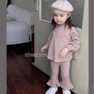 巴拉巴柆韩国童装23秋女童针织套装女大童时尚镂空刺绣长袖毛衣花