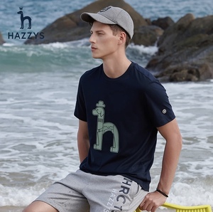 【舒适水柔棉】Hazzys哈吉斯夏季男士圆领短袖T恤衫宽松简约男装