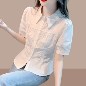 【宝藏姐妹团】白色Polo领衬衫女士设计感夏装短袖气质收腰上衣