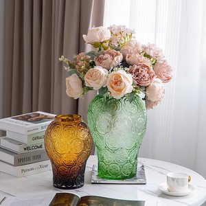 法式复古浮雕花瓶银莲瓶高级感轻奢加厚玻璃花瓶客厅插花艺术摆件