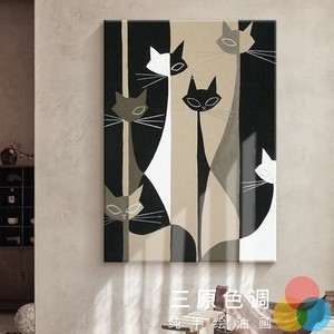 手绘油画几何色块猫咪客厅装饰画复古黑白撞色玄关酒店样板间挂画