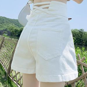 逸阳白色超高腰牛仔短裤女夏季显瘦遮肚子排扣美式休闲裤子潮