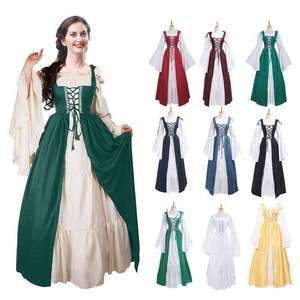 中世纪维多利亚风格文艺复兴复古装扮宫廷方领捆绑束腰拼色连衣裙
