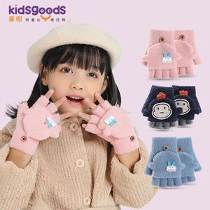 儿童手套冬季保暖男女学生加绒加厚翻盖半指针织宝宝可爱卡通