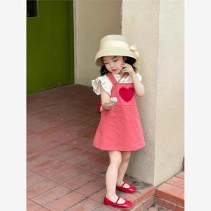 巴拉巴拉韩系女童夏装套装2024新款洋气时髦儿童爱心波点背带裙花