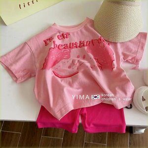 ins风韩国童装女童夏季套装洋气宝宝粉色短袖t恤短裤儿童两件套潮
