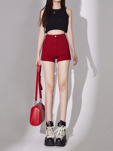 逸阳红色牛仔短裤女夏季2024新款高腰弹力显瘦辣妹黑色紧身热裤小