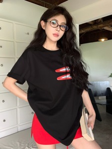 ZARA发夹印花圆领短袖T恤女夏季韩版中长款宽松显瘦百搭休闲黑色