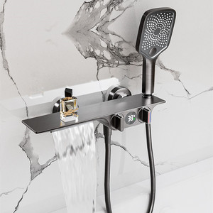 科勒᷂全铜枪灰色数显置物淋浴花洒浴室挂墙瀑布浴缸冷热水龙头