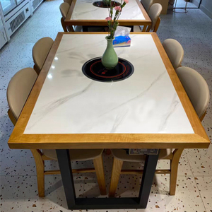火锅桌商用岩板大理石实木桌子电磁炉一体餐桌椅组合餐厅无烟净化