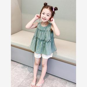 夏装3-8岁夏季女童棉布绿色娃娃衬衫洋气宝宝无袖上衣女孩衣服潮