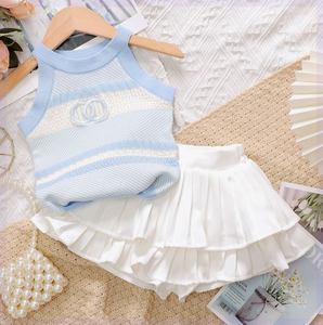 韩版女童夏季套装2024新款洋气时髦宝宝针织背心短袖儿童半身裙两