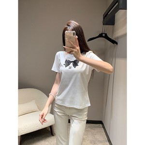 chanel/香奈儿 24夏季新款蝴蝶结logo刺绣纯棉白色百搭短袖t恤女