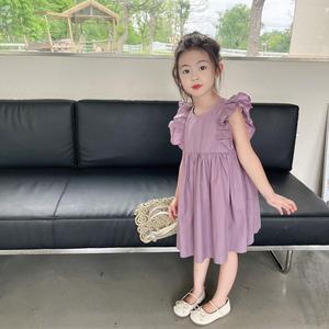 巴拉巴柆女童洋气时髦新款夏装2-10岁紫色花边飞袖连衣裙纯棉无袖