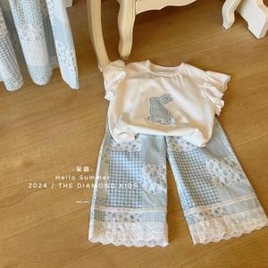 巴拉巴柆韩系女童夏季纯棉小兔子短袖T恤+舒适透气直筒长裤女宝宝