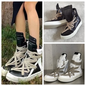 RICK OWENS/RO 高帮黑白疯狂绑带板鞋倒三角五芒星牛皮系带运动鞋