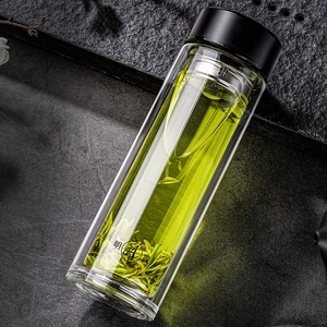 明霞双层玻璃杯男士家用水杯简约便携透明带盖茶水分离泡茶杯子女