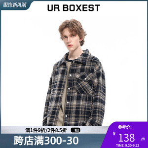 UR BOXEST美式毛呢外套男春秋复古宽松休闲潮牌格子情侣衬衫夹克