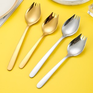 不锈钢沙律叉子勺子可爱甜品沙拉叉金色两用长柄勺叉泡面勺燕窝勺