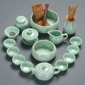 青瓷功夫茶具套装陶瓷家用办公简约不烫手泡茶壶盖碗杯洗茶道茶艺
