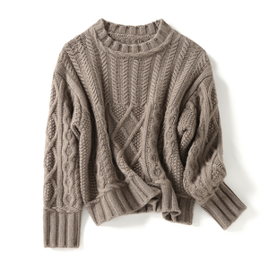 德国单 重工手编 粗棒针绞花 100纯山羊绒衫女圆领chao厚显瘦毛衣