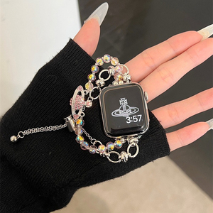 星球飞船珠串手链金属表链适用于Apple WatchS9表带小众不锈钢链