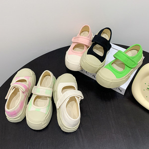 儿童帆布玛丽珍鞋2023年夏季新款丑萌法式厚底板鞋女童浅口休闲鞋