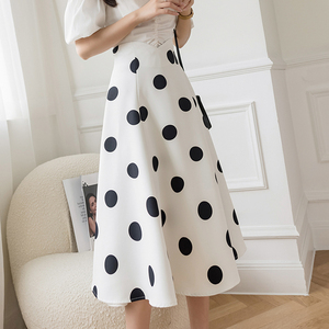 韩国白色波点半身裙女春夏季高腰显瘦中长款a字伞裙法式复古裙子