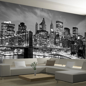 夜景大型壁画个性夜色背景墙壁纸 欧式黑白城市建筑 简约客厅墙纸