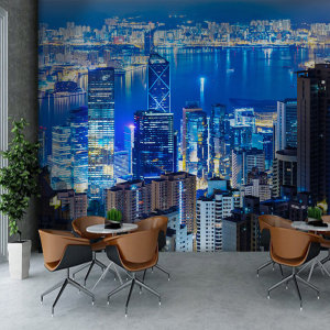 3d立体城市夜景壁纸现代建筑风背景墙办公室大气直播墙布高级墙纸