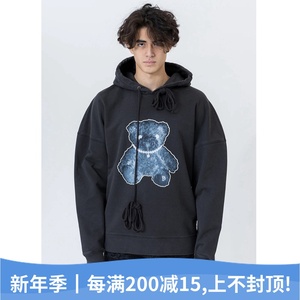 we11done3m反光项链小熊卫衣welldone男女情侣款泰迪熊连帽衫