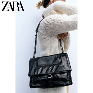 ZARA新品 女包 黑色翻盖皱痕效果摇滚风单肩斜挎包 6090210 800
