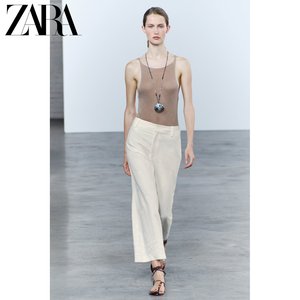 ZARA24夏季新品 女装 ZW系列白色绣花休闲直筒长裤 4877065 712