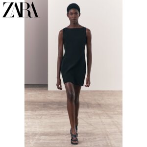 ZARA24夏季新品 女装 ZW 系列黑色船领无袖短连衣裙 3222328 800