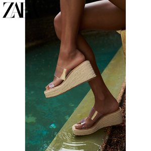 ZARA夏季新品 女鞋 塑胶带饰黄麻坡跟高跟时装凉鞋 2284110 111