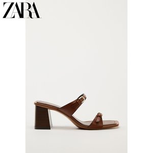ZARA夏季新品 女鞋 时尚棕色皮革方头粗跟高跟凉鞋 2342310105