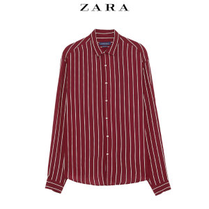 zara 新品 男装 复古条纹垂性酒红色衬衫 0